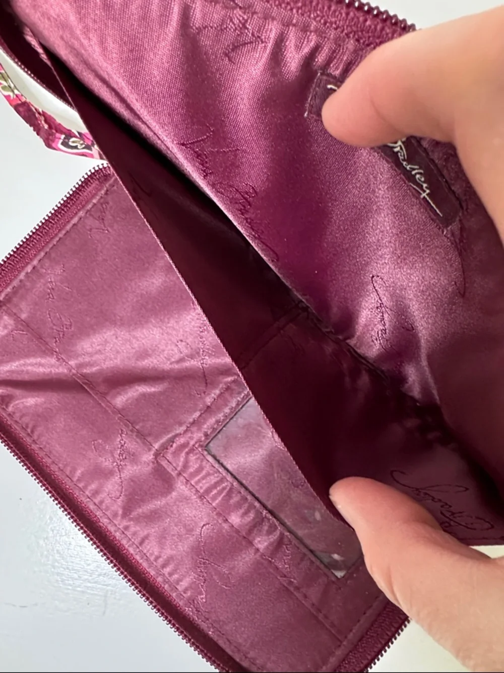 Vera Bradley burgundy and pink paisley fabric wallet with wrist strap. - Picture 7 of 8